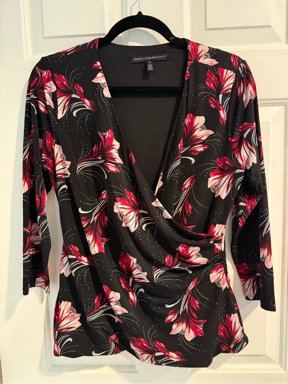 White House Black Market Floral Faux Wrap Top Black Pink Size Medium